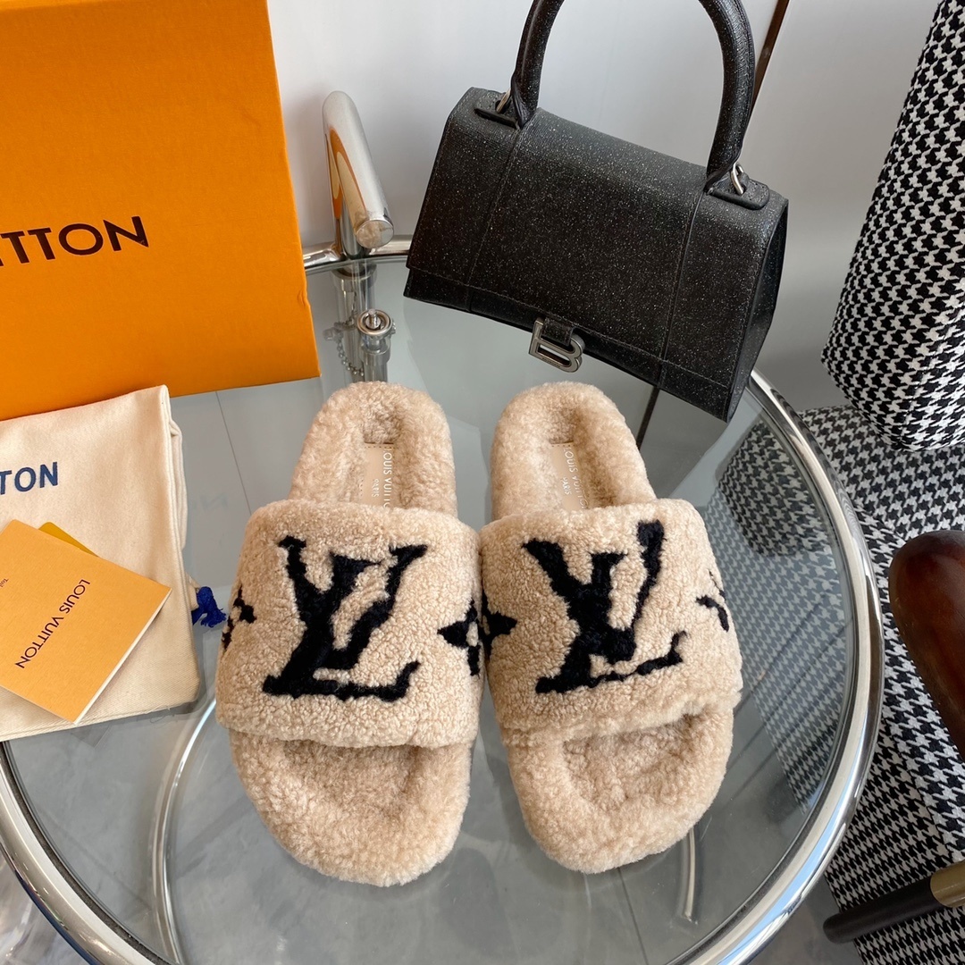 Louis Vuitton Monogram Shearling Slides – Beige Luxury Slippers