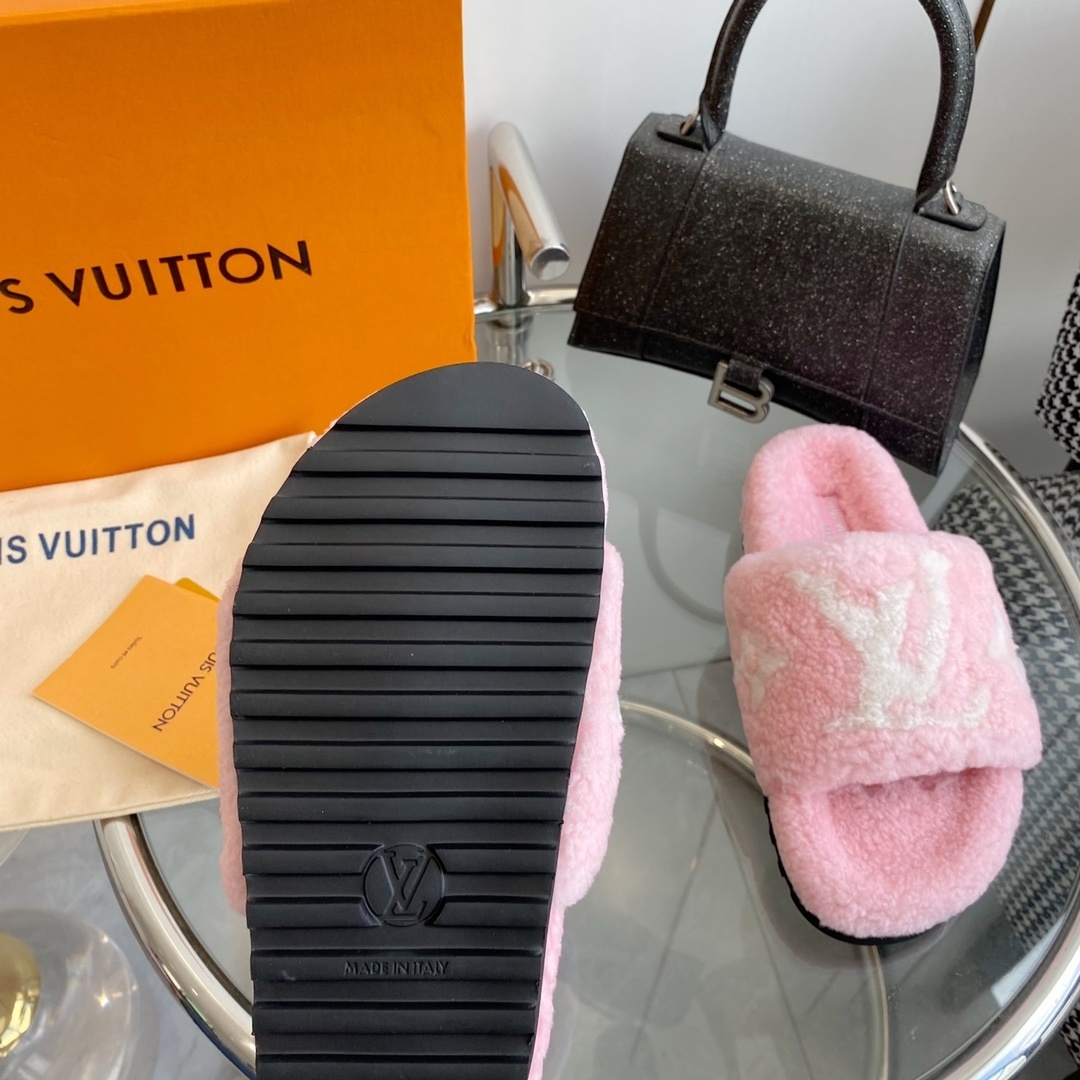 Louis Vuitton Pink Monogram Fuzzy Shearling Comfort Slides