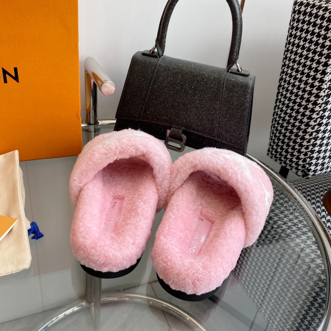 Louis Vuitton Pink Monogram Fuzzy Shearling Comfort Slides