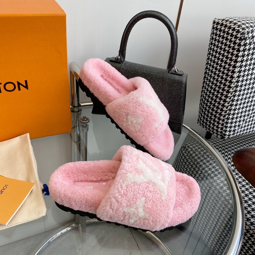 Louis Vuitton Pink Monogram Fuzzy Shearling Comfort Slides