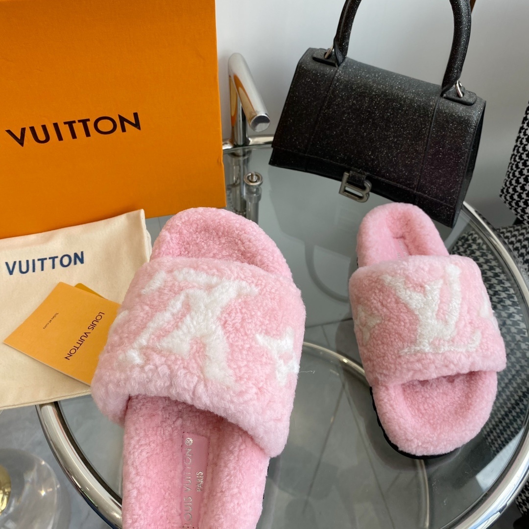 Louis Vuitton Pink Monogram Fuzzy Shearling Comfort Slides