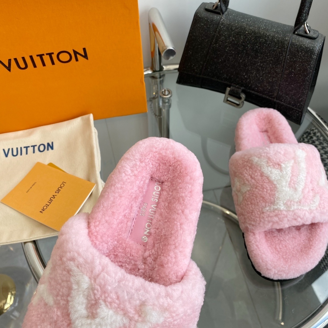 Louis Vuitton Pink Monogram Fuzzy Shearling Comfort Slides
