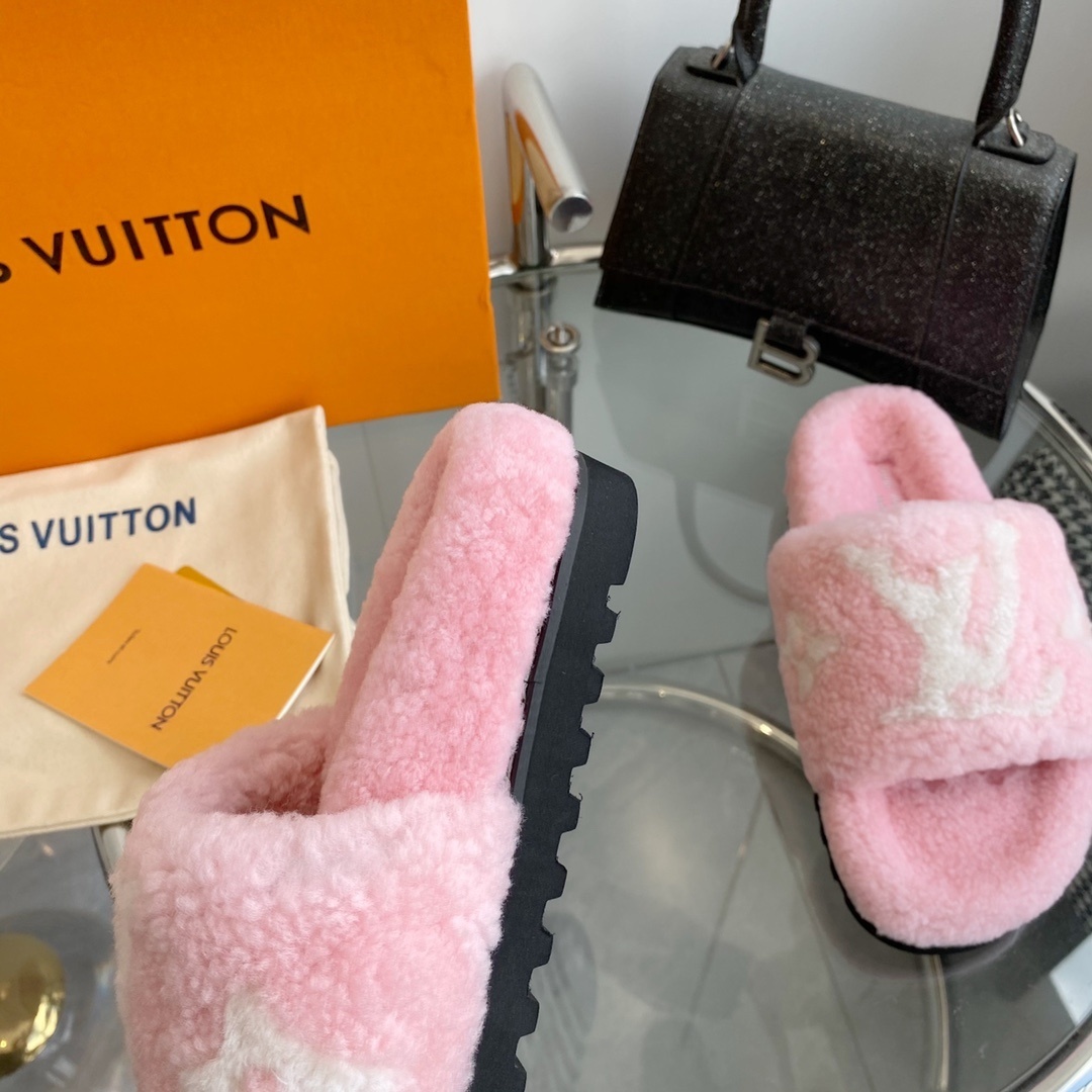 Louis Vuitton Pink Monogram Fuzzy Shearling Comfort Slides