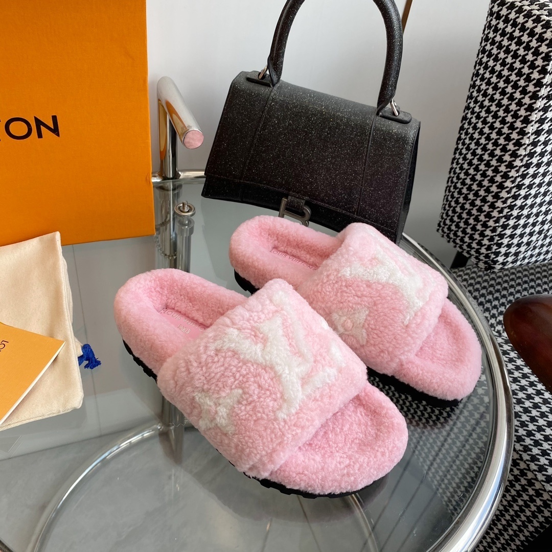 Louis Vuitton Pink Monogram Fuzzy Shearling Comfort Slides
