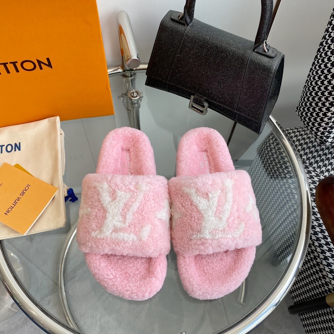 Louis Vuitton Pink Monogram Fuzzy Shearling Comfort Slides