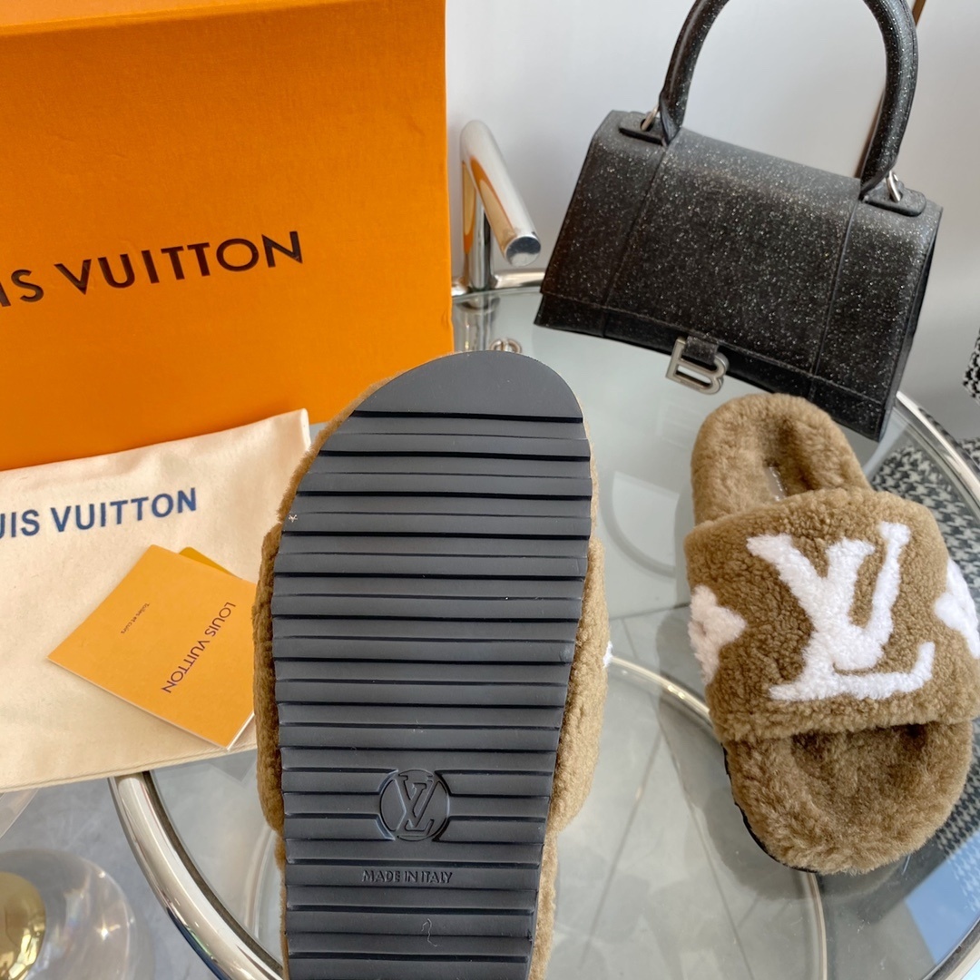 Louis Vuitton Brown Shearling Slippers - Luxury LV Monogram Slides