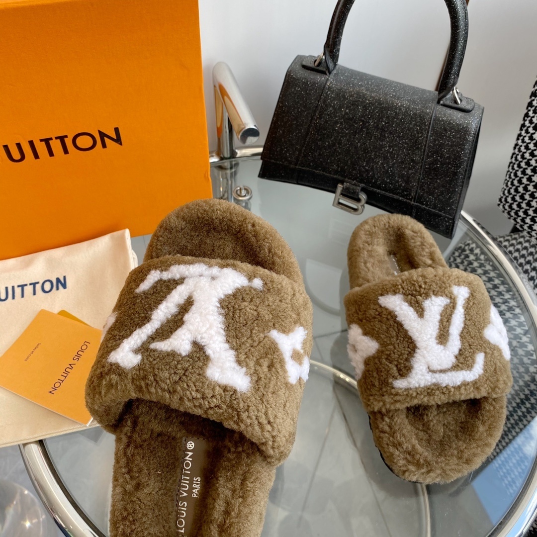 Louis Vuitton Brown Shearling Slippers - Luxury LV Monogram Slides
