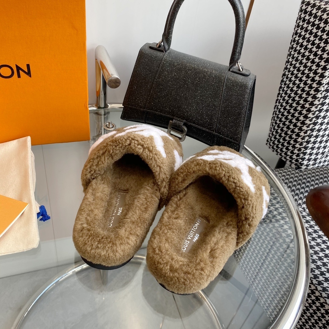 Louis Vuitton Brown Shearling Slippers - Luxury LV Monogram Slides