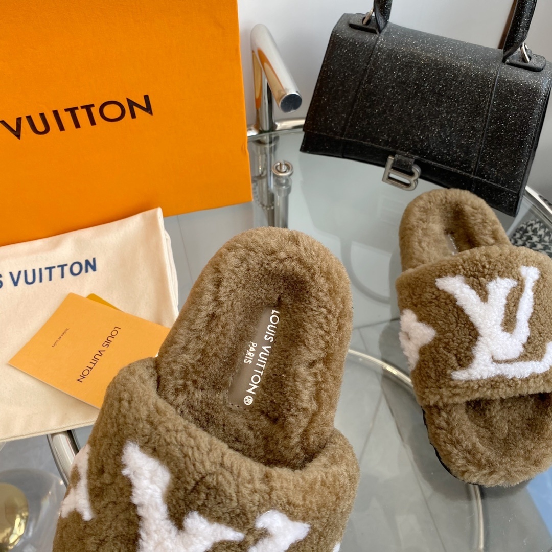 Louis Vuitton Brown Shearling Slippers - Luxury LV Monogram Slides