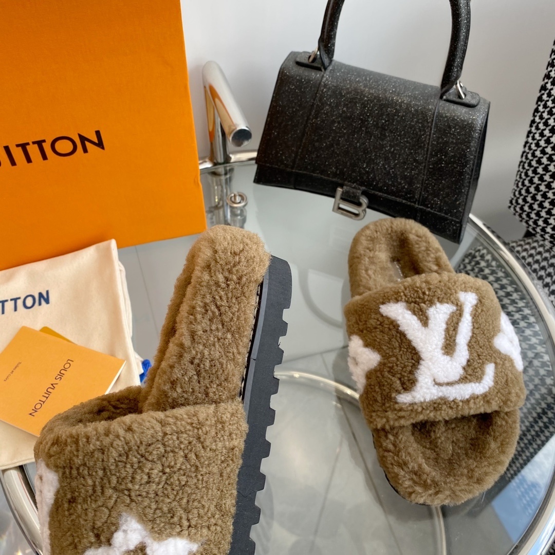 Louis Vuitton Brown Shearling Slippers - Luxury LV Monogram Slides