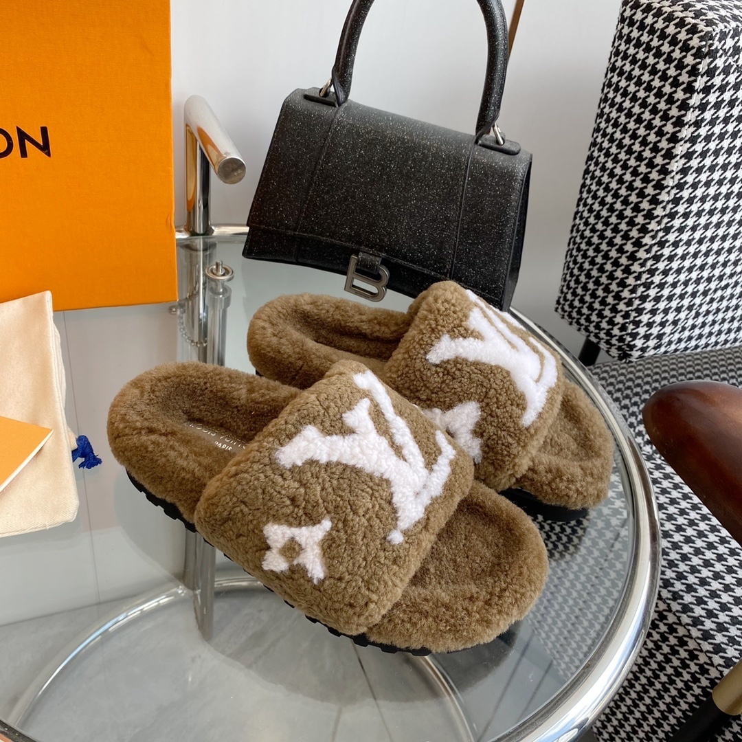 Louis Vuitton Brown Shearling Slippers - Luxury LV Monogram Slides