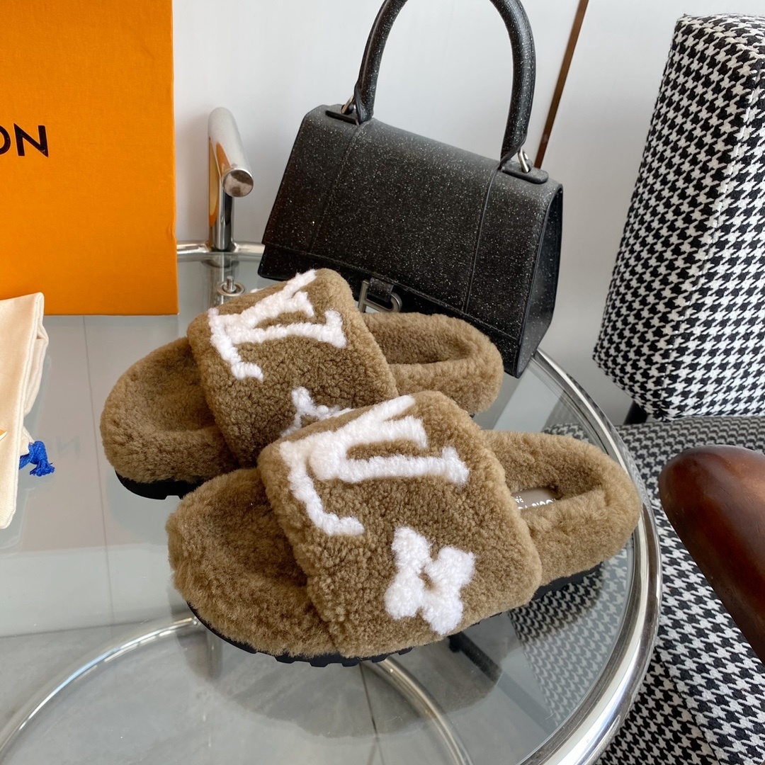 Louis Vuitton Brown Shearling Slippers - Luxury LV Monogram Slides