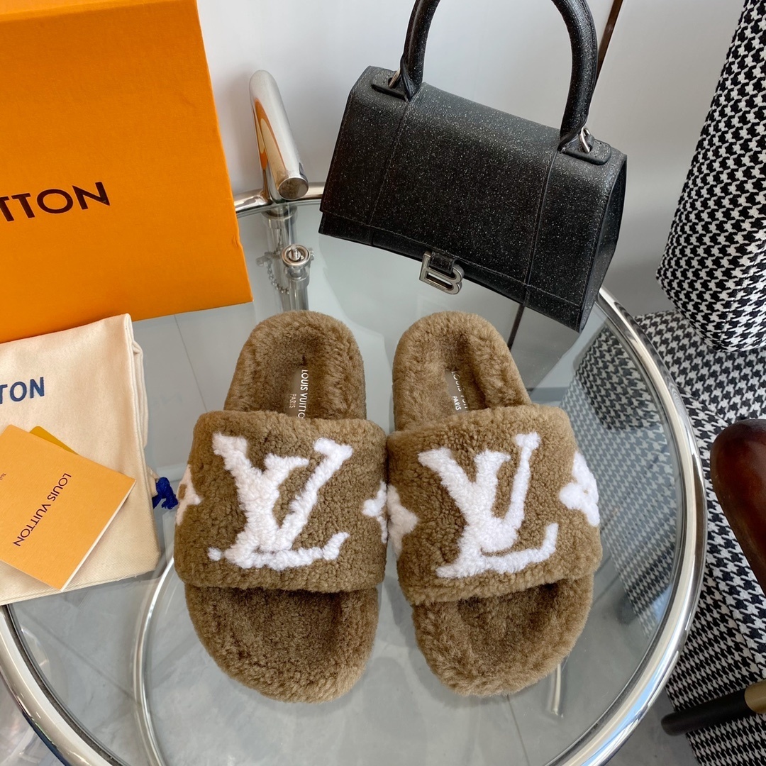 Louis Vuitton Brown Shearling Slippers – Luxury LV Monogram Slides