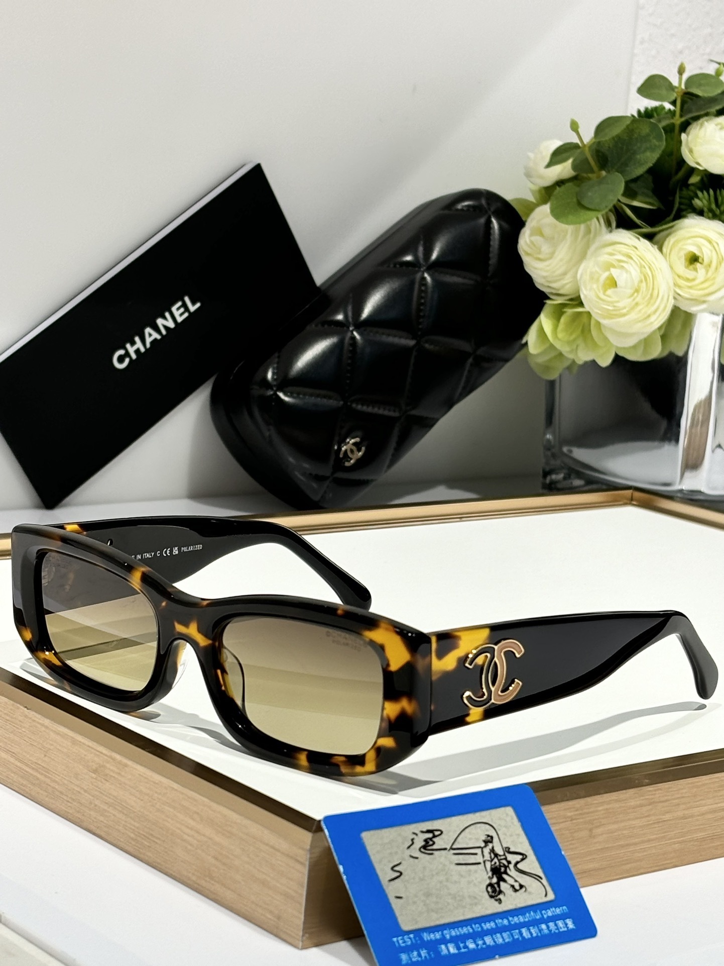 Chanel Polarized Rectangular Sunglasses with Iconic CC Logo
