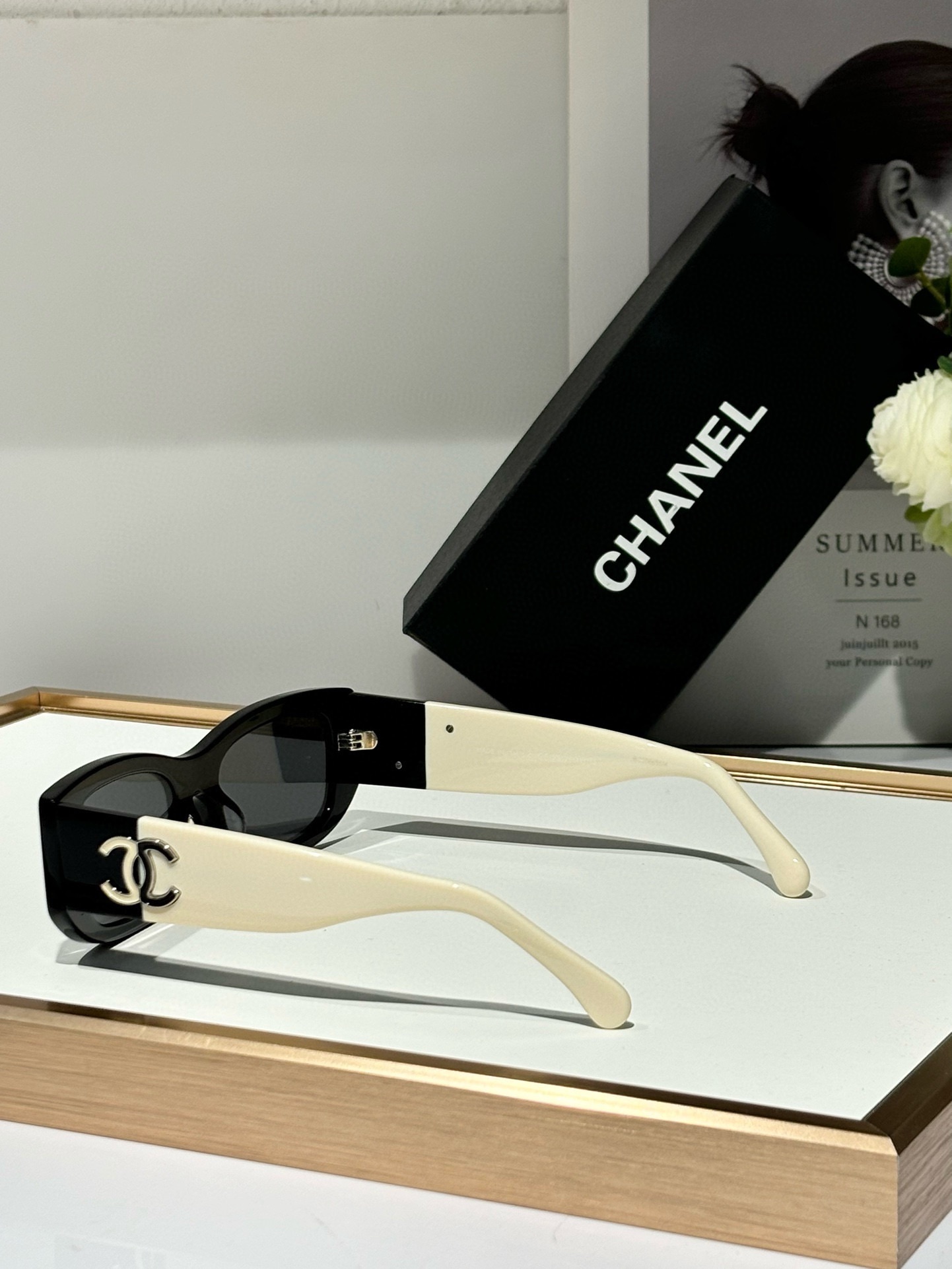Chanel Luxury Polarized Rectangular Sunglasses - Black & Cream