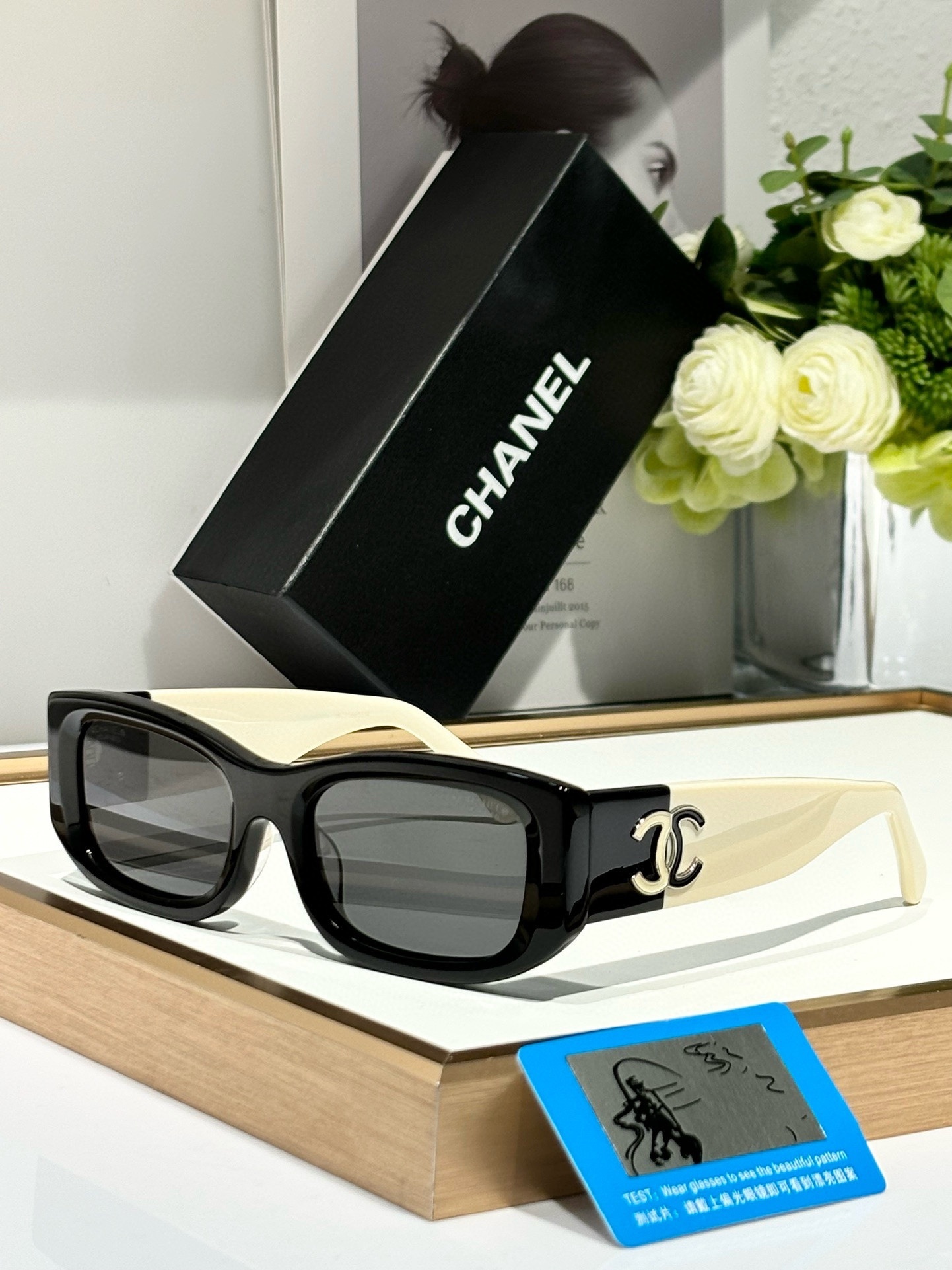 Chanel Luxury Polarized Rectangular Sunglasses - Black & Cream