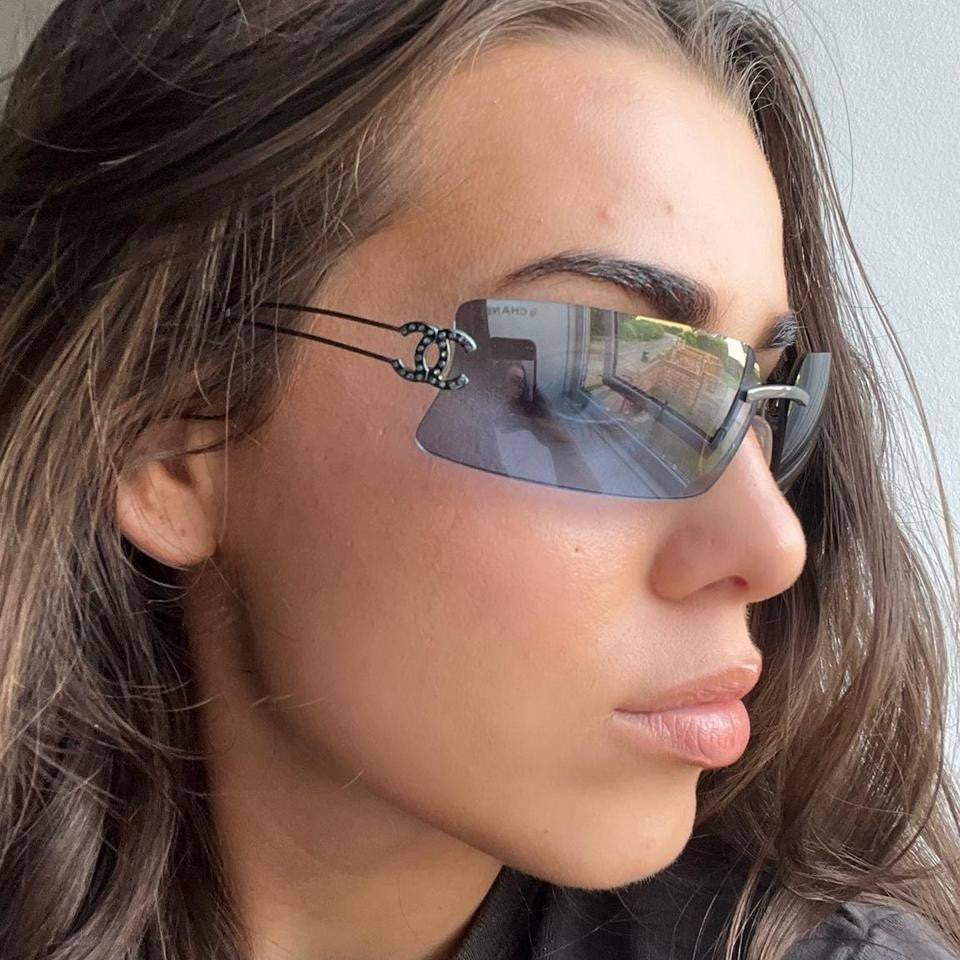 Luxury Chanel Y2K Rimless Sunglasses Rhinestone CC Logo Brown Gradient