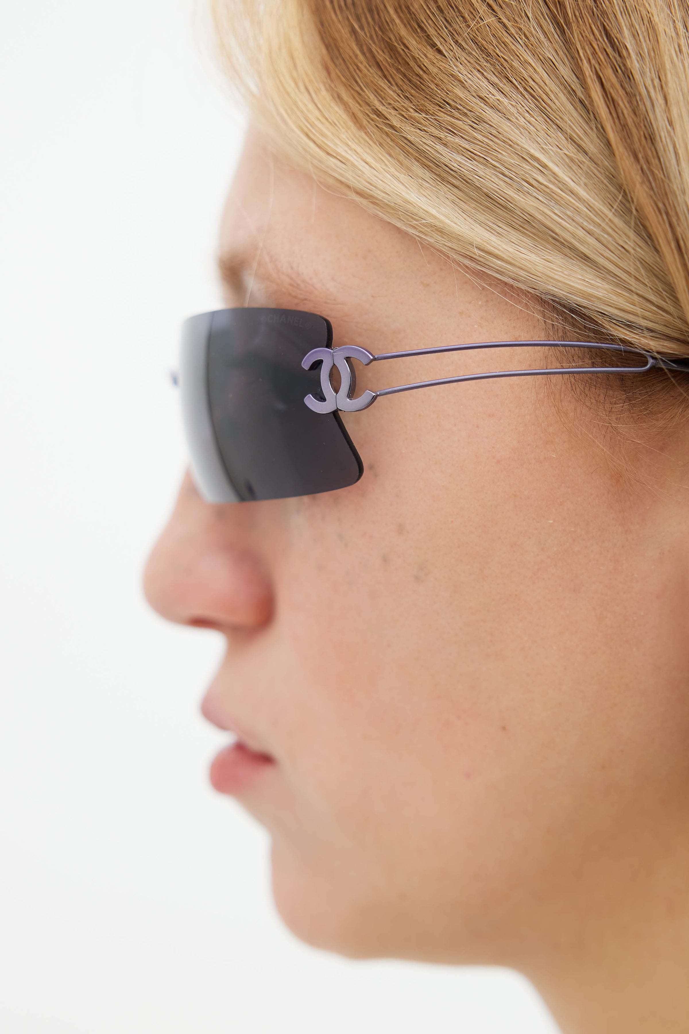 Luxury Chanel Y2K Rimless Sunglasses Rhinestone CC Logo Brown Gradient