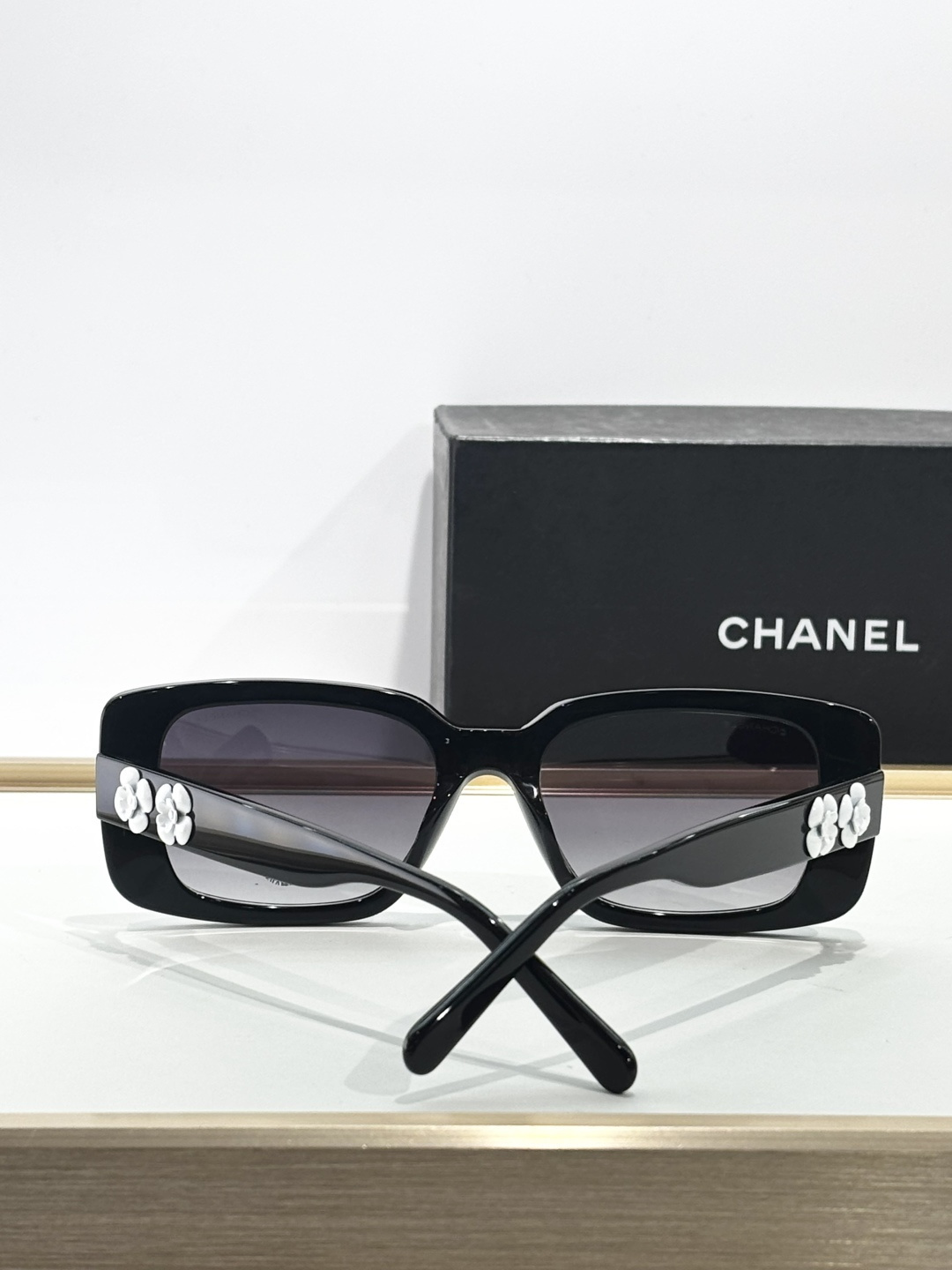 Chanel Luxury Camellia Flower Rectangular Sunglasses - Black