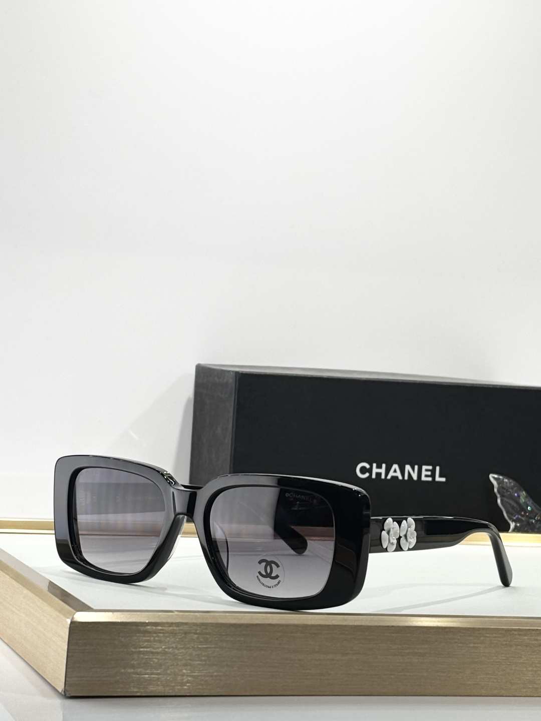 Chanel Luxury Camellia Flower Rectangular Sunglasses - Black