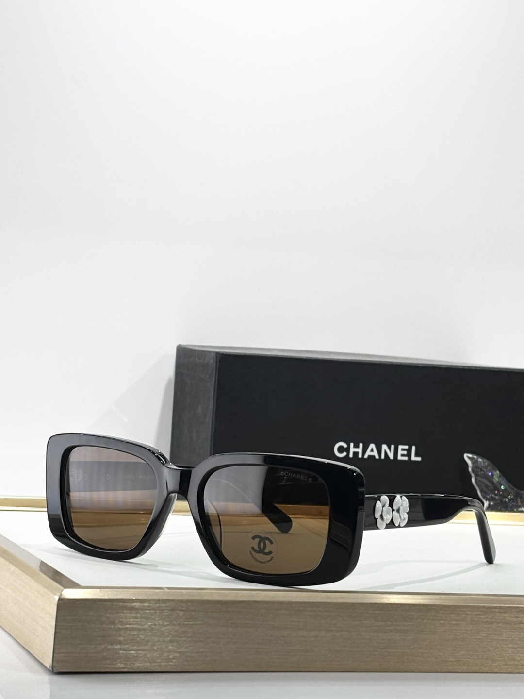 Chanel Luxury Camellia Flower Rectangular Sunglasses - Black
