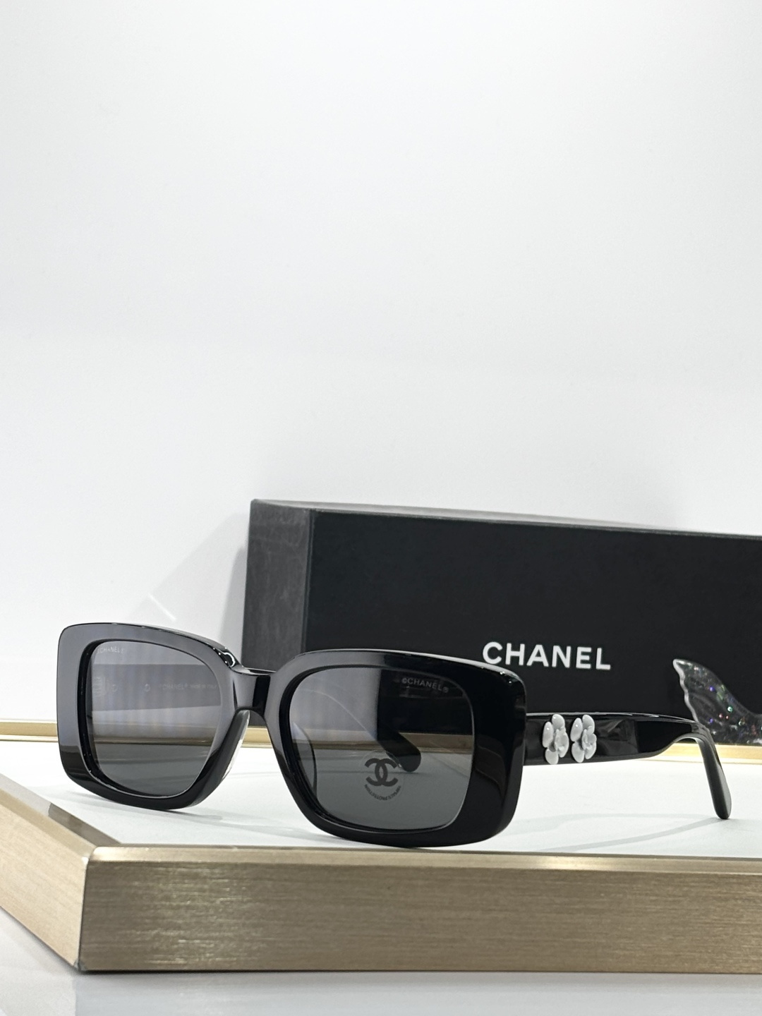 Chanel Luxury Camellia Flower Rectangular Sunglasses - Black