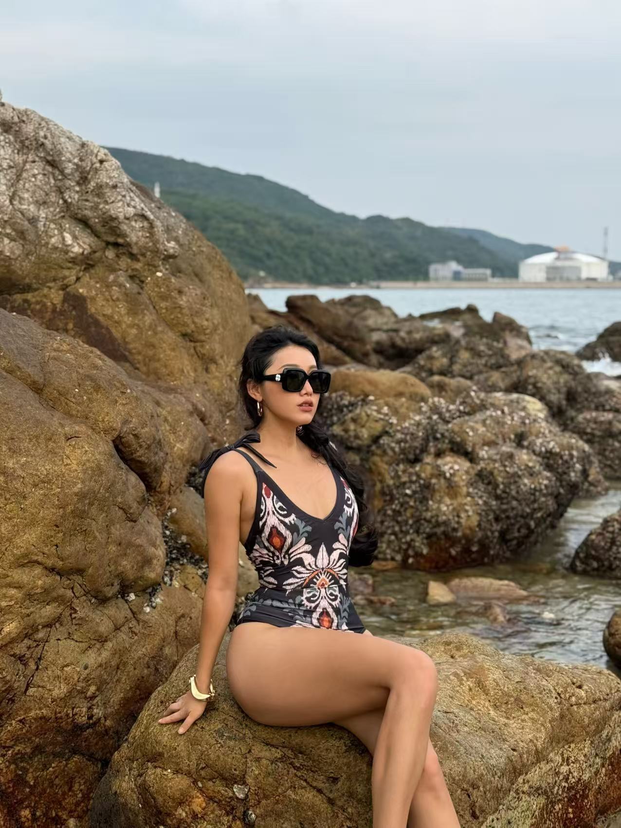 Vintage Tribal Print One-Piece Swimsuit with Adjustable Tie Straps