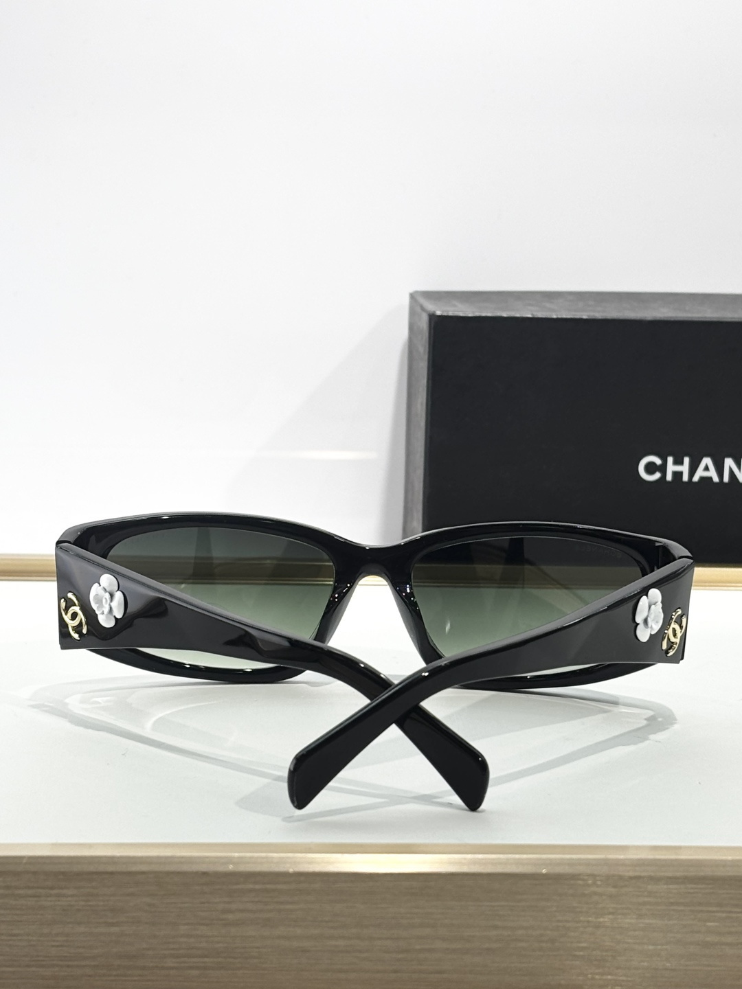 Chanel Camellia Flower Black Rectangular Sunglasses with Gold CC
