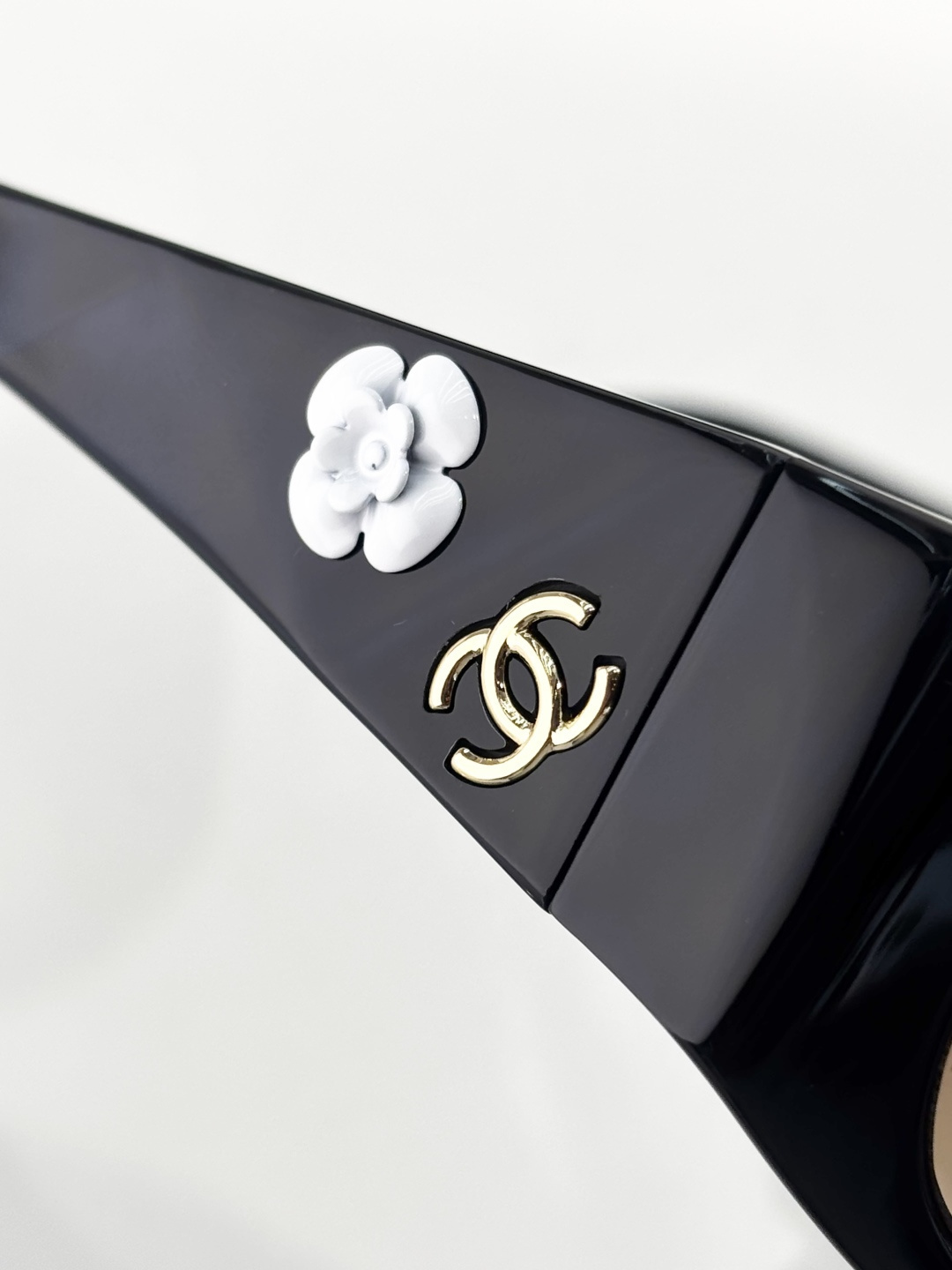Chanel Camellia Flower Black Rectangular Sunglasses with Gold CC