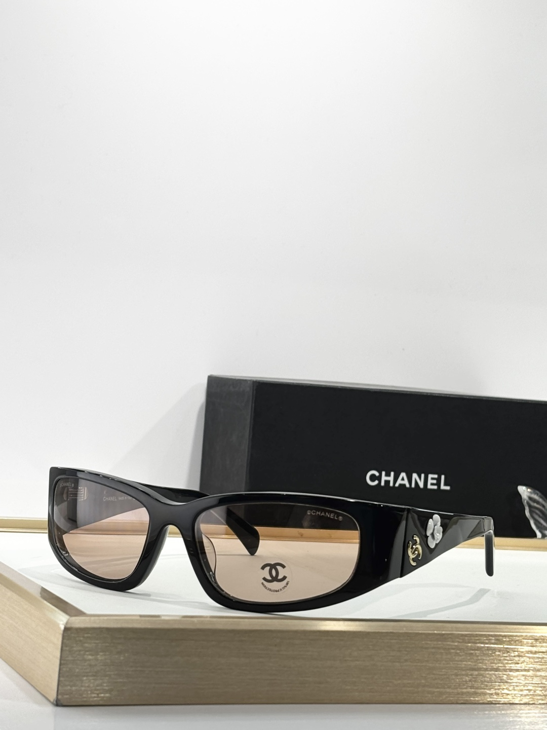 Chanel Camellia Flower Black Rectangular Sunglasses with Gold CC