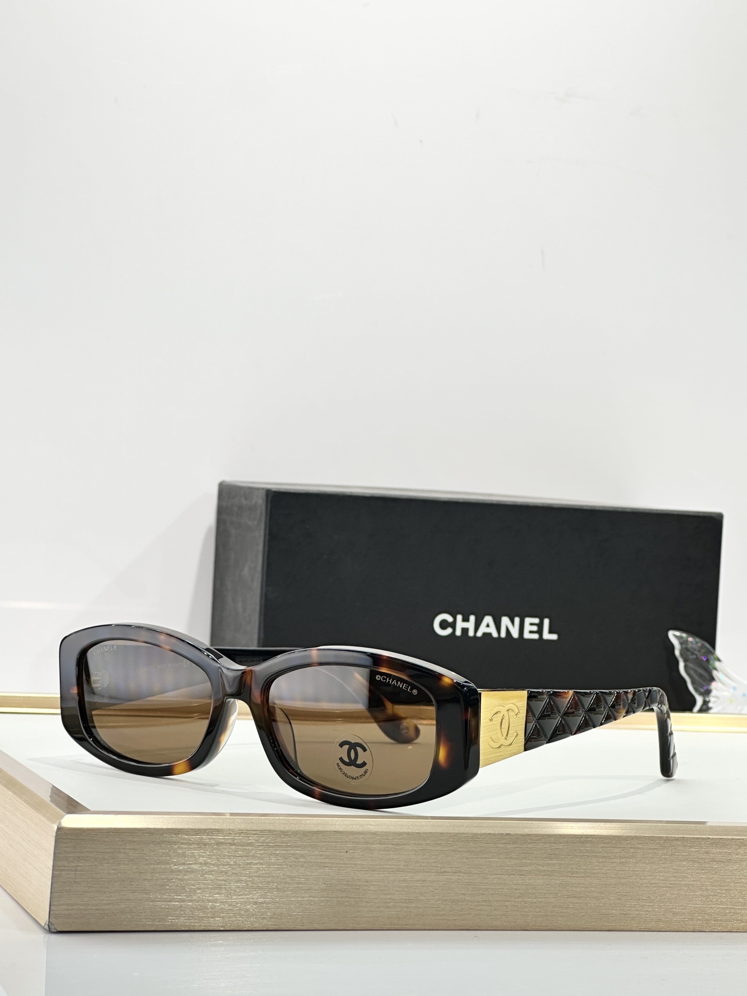 Chanel Quilted Rectangular Sunglasses with Gold CC Logo - Black
