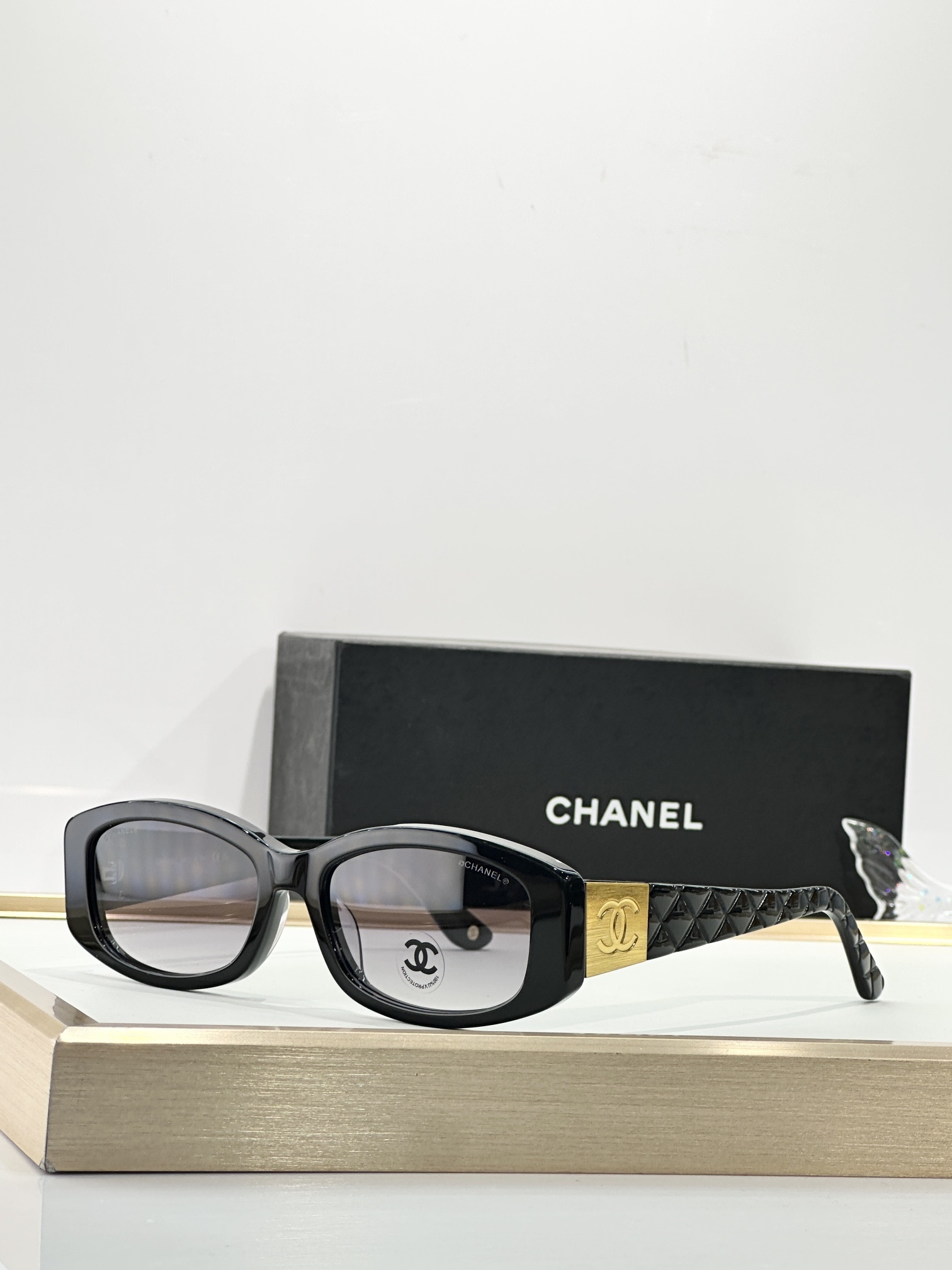 Chanel Quilted Rectangular Sunglasses with Gold CC Logo - Black