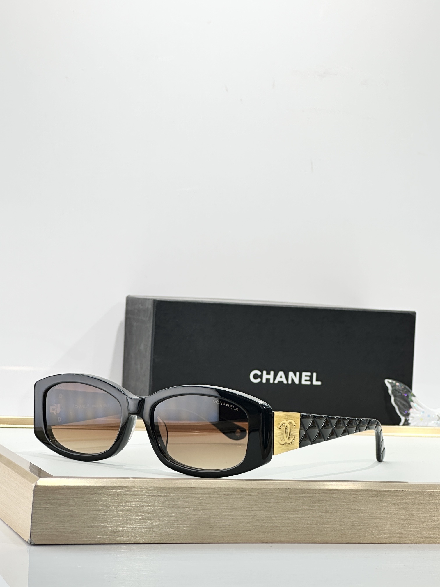 Chanel Quilted Rectangular Sunglasses with Gold CC Logo – Black
