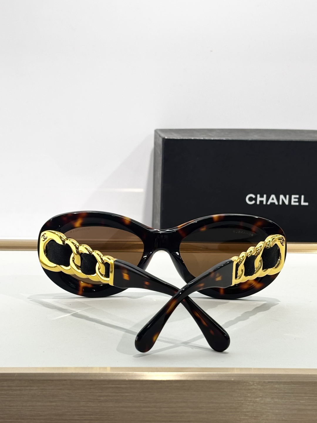 Chanel Luxury Oversized Cat-Eye Sunglasses with Gold Chain Detail