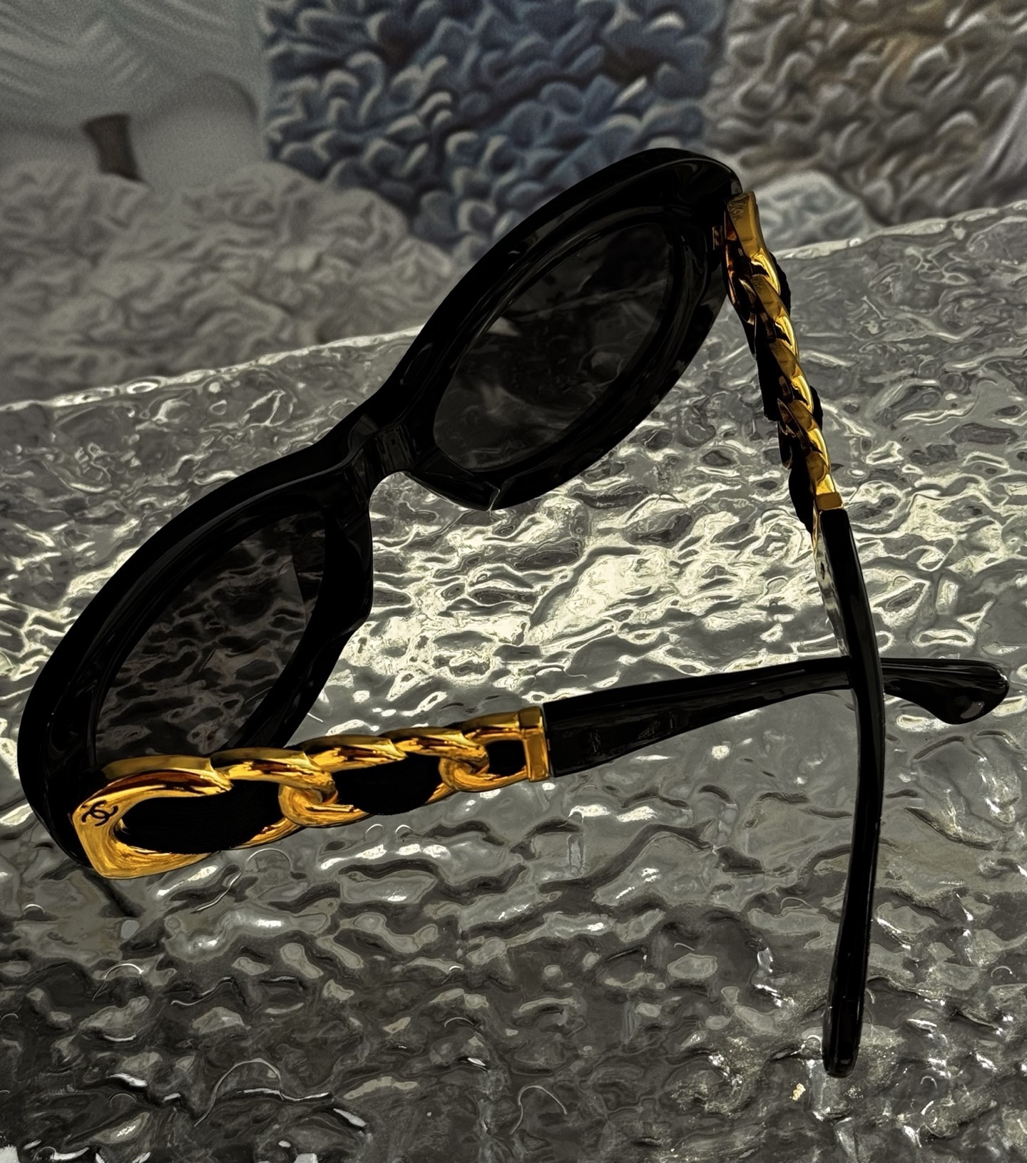 Chanel Luxury Oval Sunglasses - Black with Gold Chain Detail