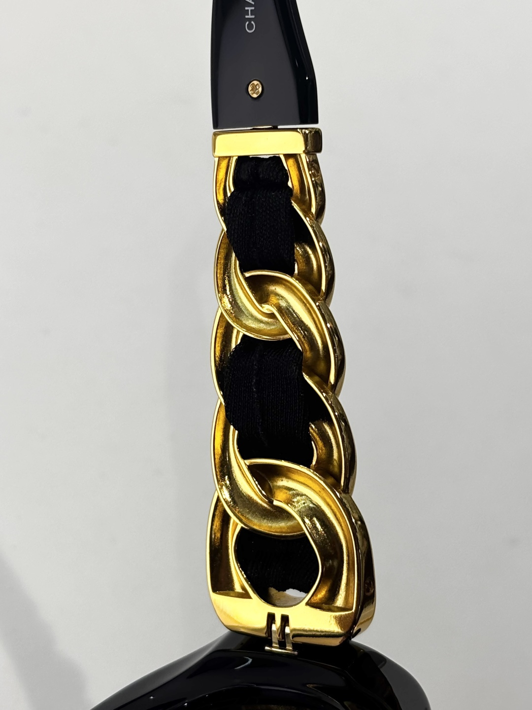 Chanel Black Oval Sunglasses with Chain & Silk Ribbon Detail