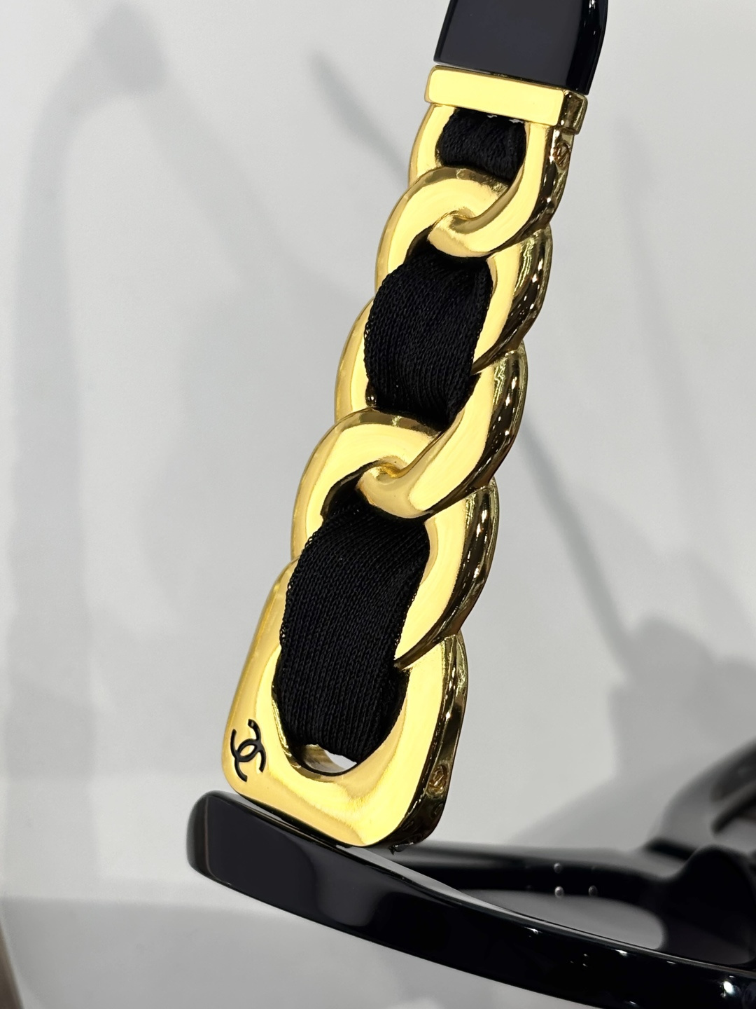 Chanel Black Oval Sunglasses with Chain & Silk Ribbon Detail