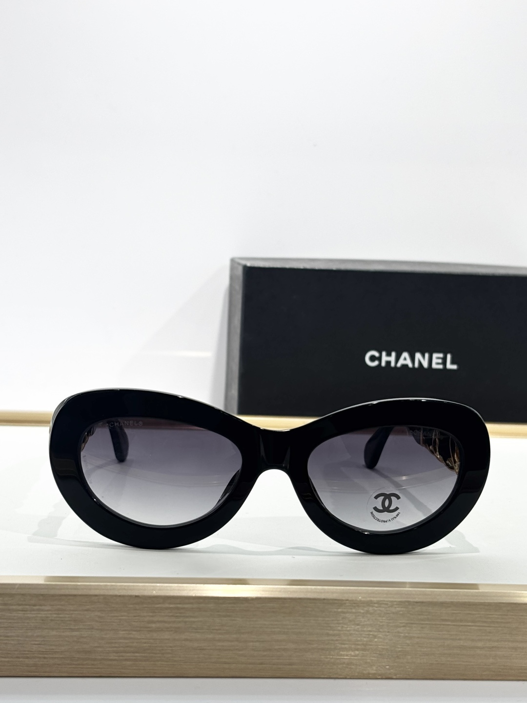 Chanel Black Oval Sunglasses with Chain & Silk Ribbon Detail