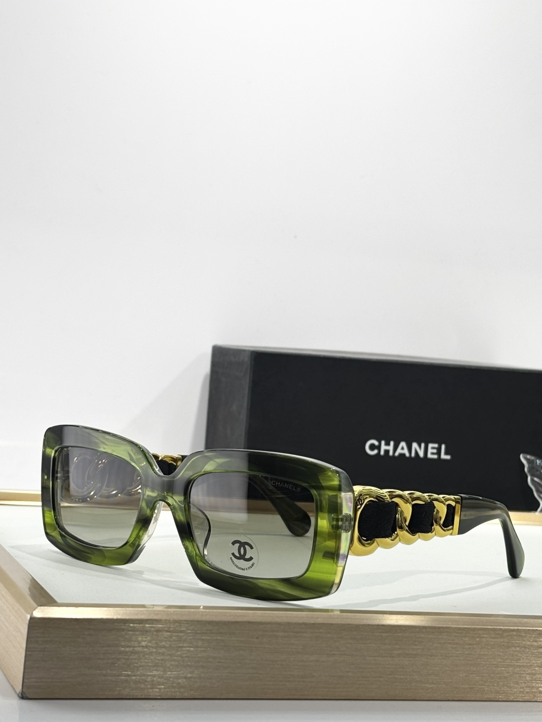 Chanel Luxury Square Sunglasses with Gold Chain Link Detail