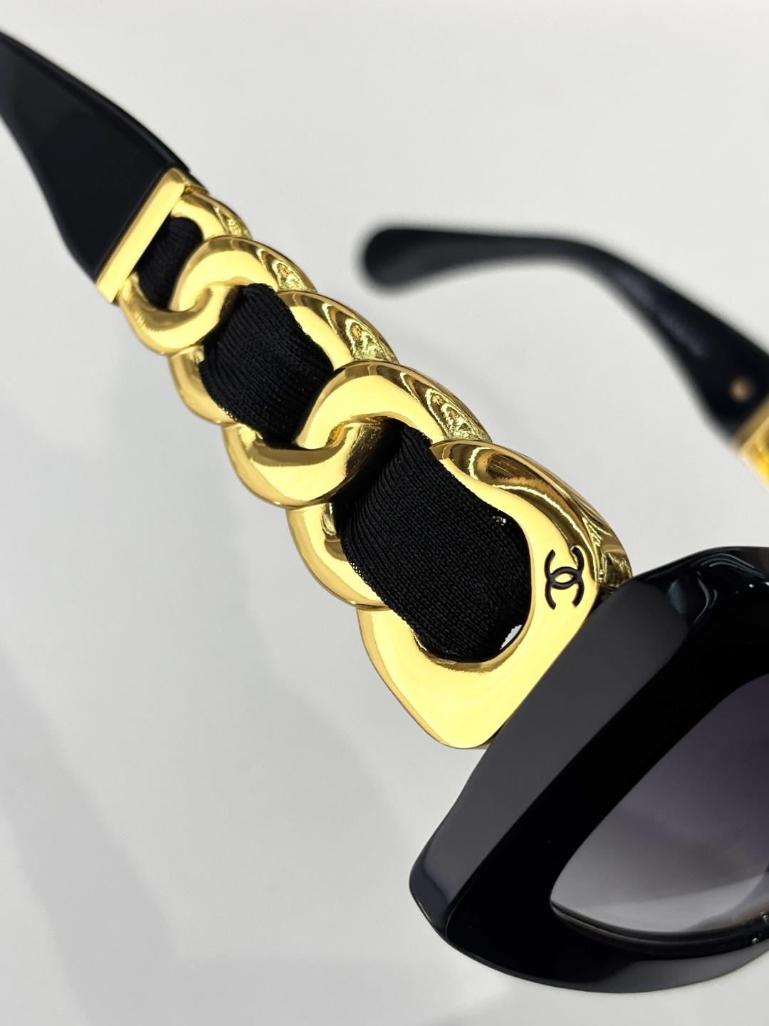 Chanel Black Rectangle Sunglasses with Gold-Tone Chain Temples