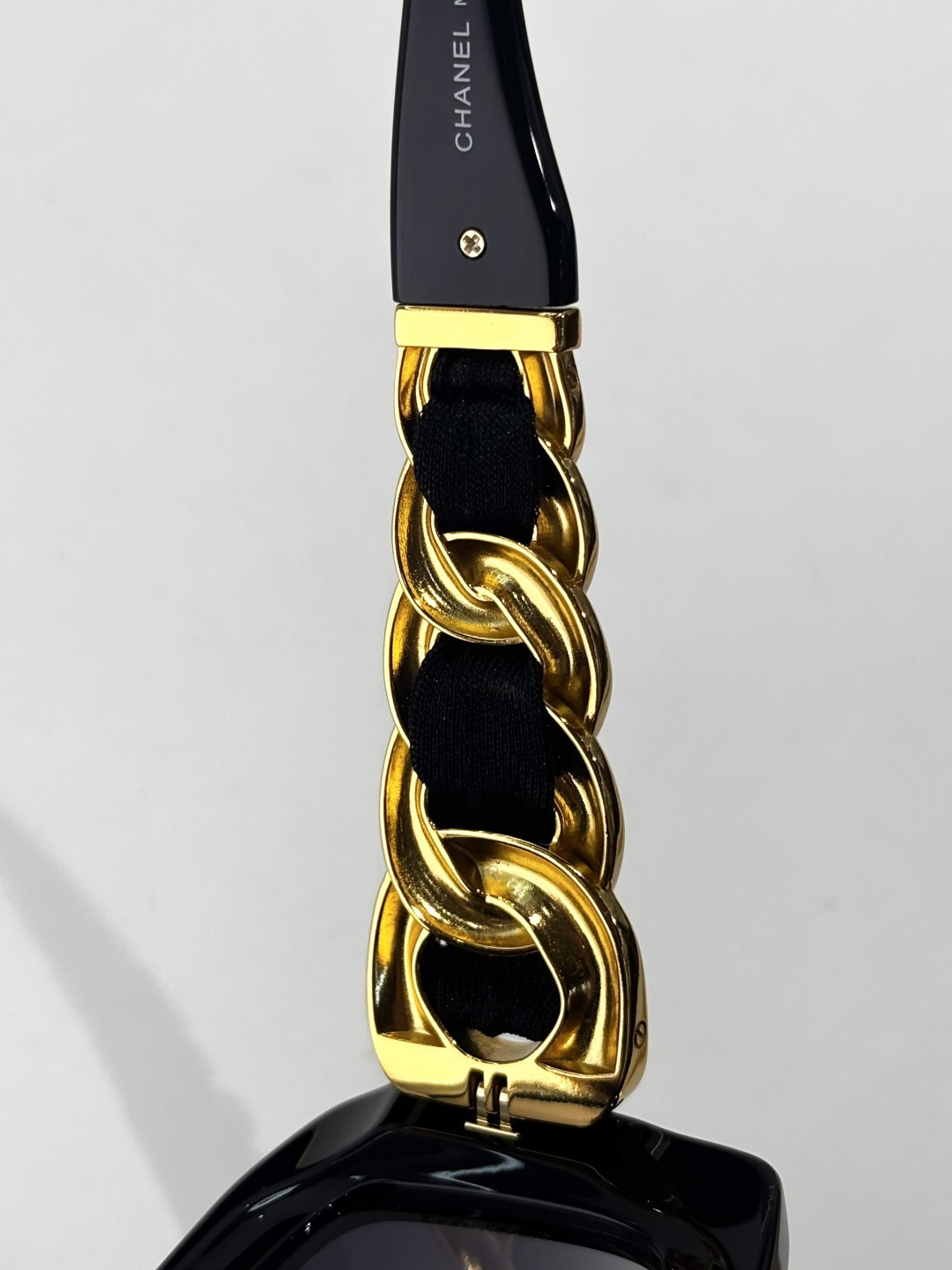 Chanel Black Rectangle Sunglasses with Gold-Tone Chain Temples