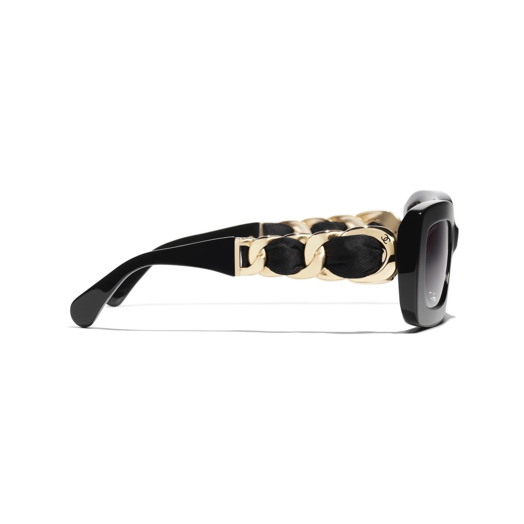 Chanel Black Rectangle Sunglasses with Gold-Tone Chain Temples
