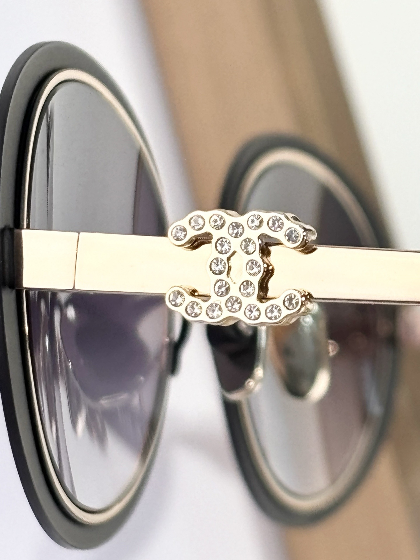 Chanel Black Gold Oval Sunglasses with Crystal CC Logo 0CH9578B