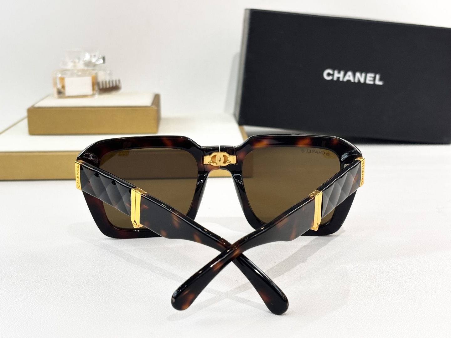 Chanel Oversized Square Sunglasses with Quilted Gold Temples