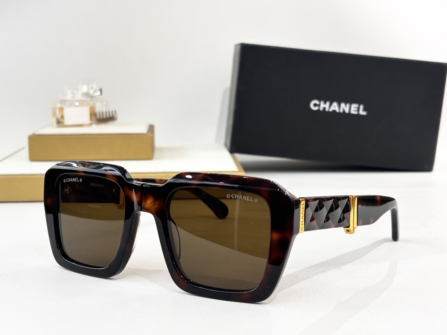 Chanel Oversized Square Sunglasses with Quilted Gold Temples
