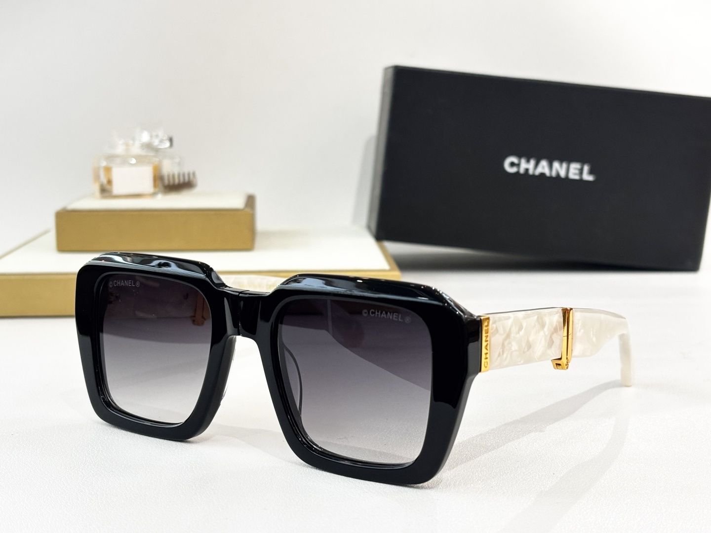 Chanel Oversized Square Sunglasses with Quilted Gold Temples