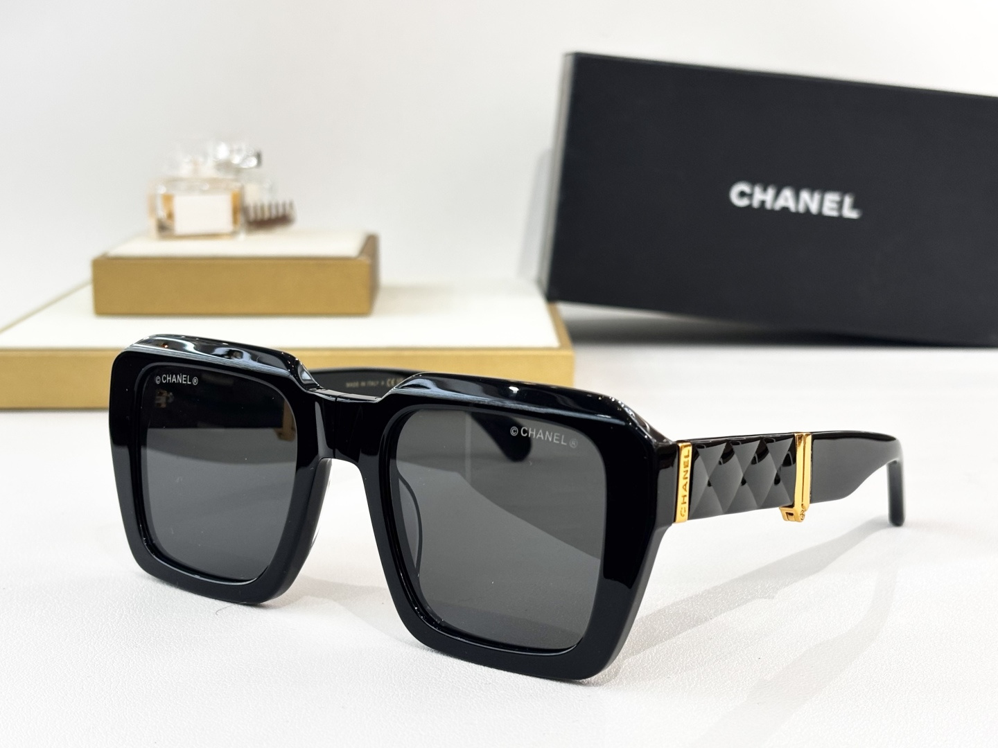 Chanel Oversized Square Sunglasses with Quilted Gold Temples