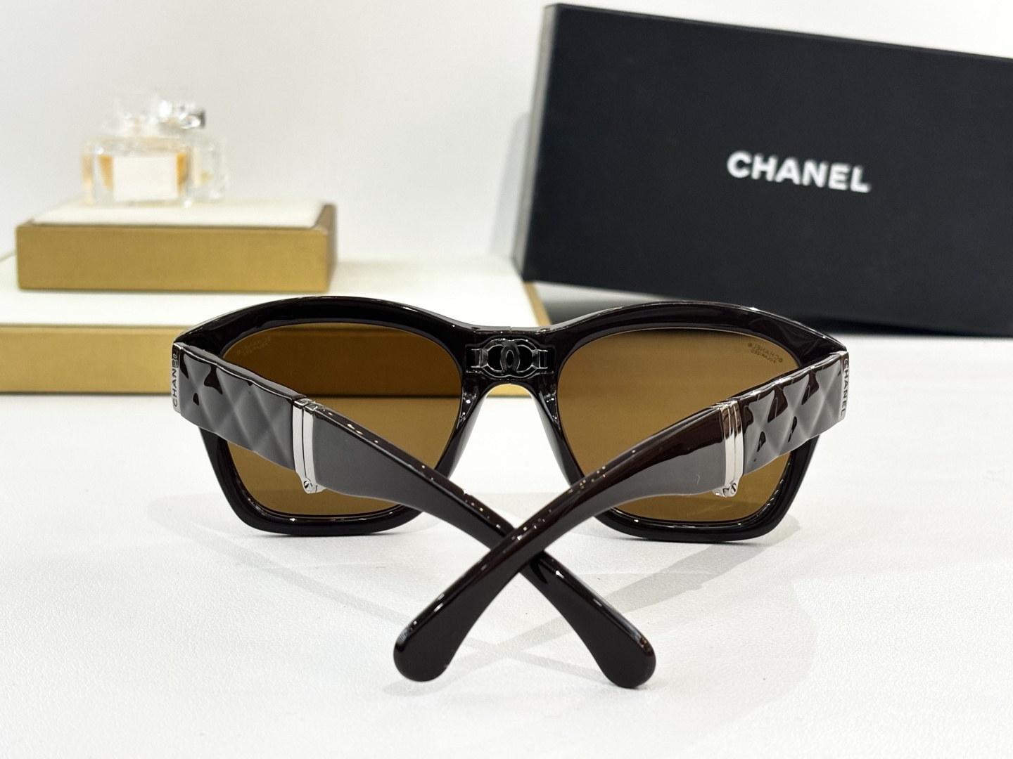 Chanel Luxury Oversized Square Sunglasses with Quilted Gold Temples