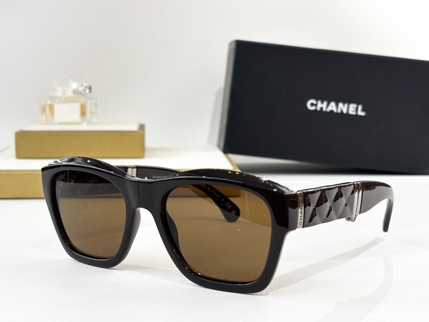 Chanel Luxury Oversized Square Sunglasses with Quilted Gold Temples