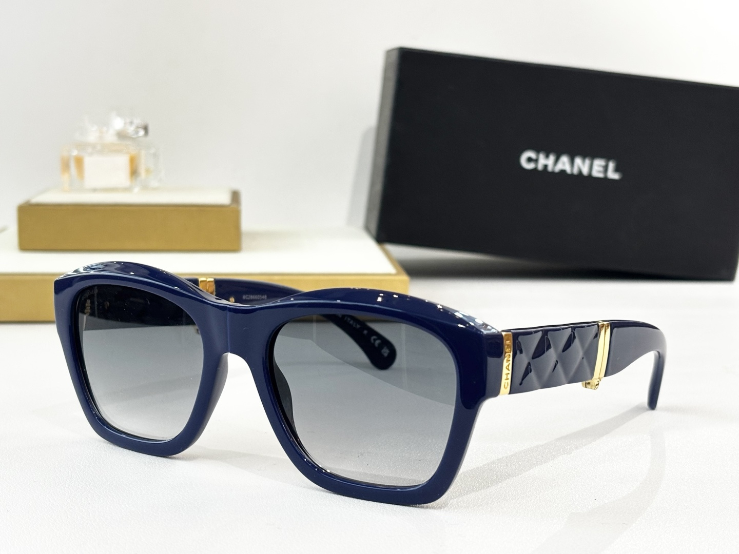 Chanel Luxury Oversized Square Sunglasses with Quilted Gold Temples